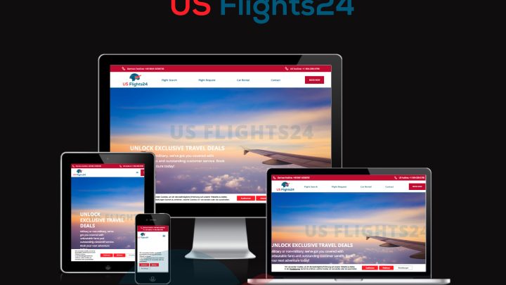 Darstellung der US Flights24-Website auf einem Laptop, Tablet und Smartphone mit einem Flugzeug-Logo.