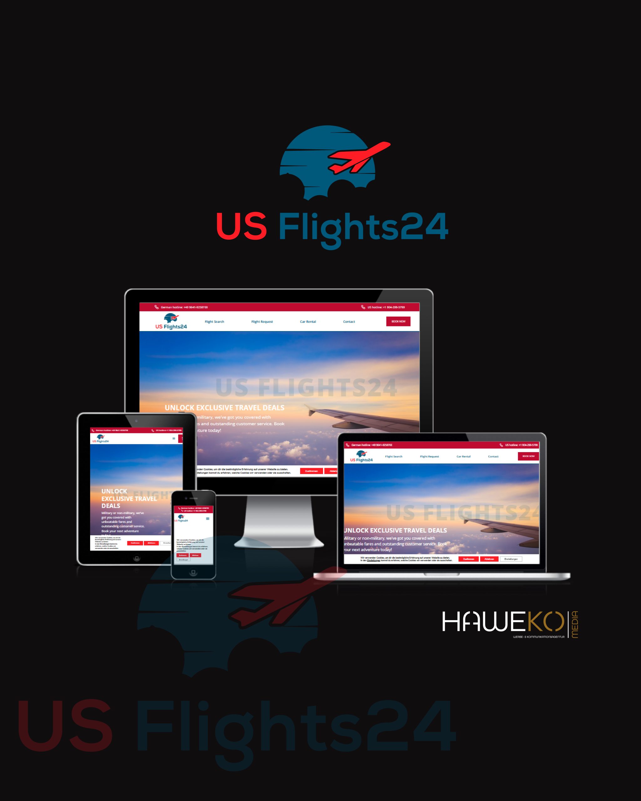 Darstellung der US Flights24-Website auf einem Laptop, Tablet und Smartphone mit einem Flugzeug-Logo.