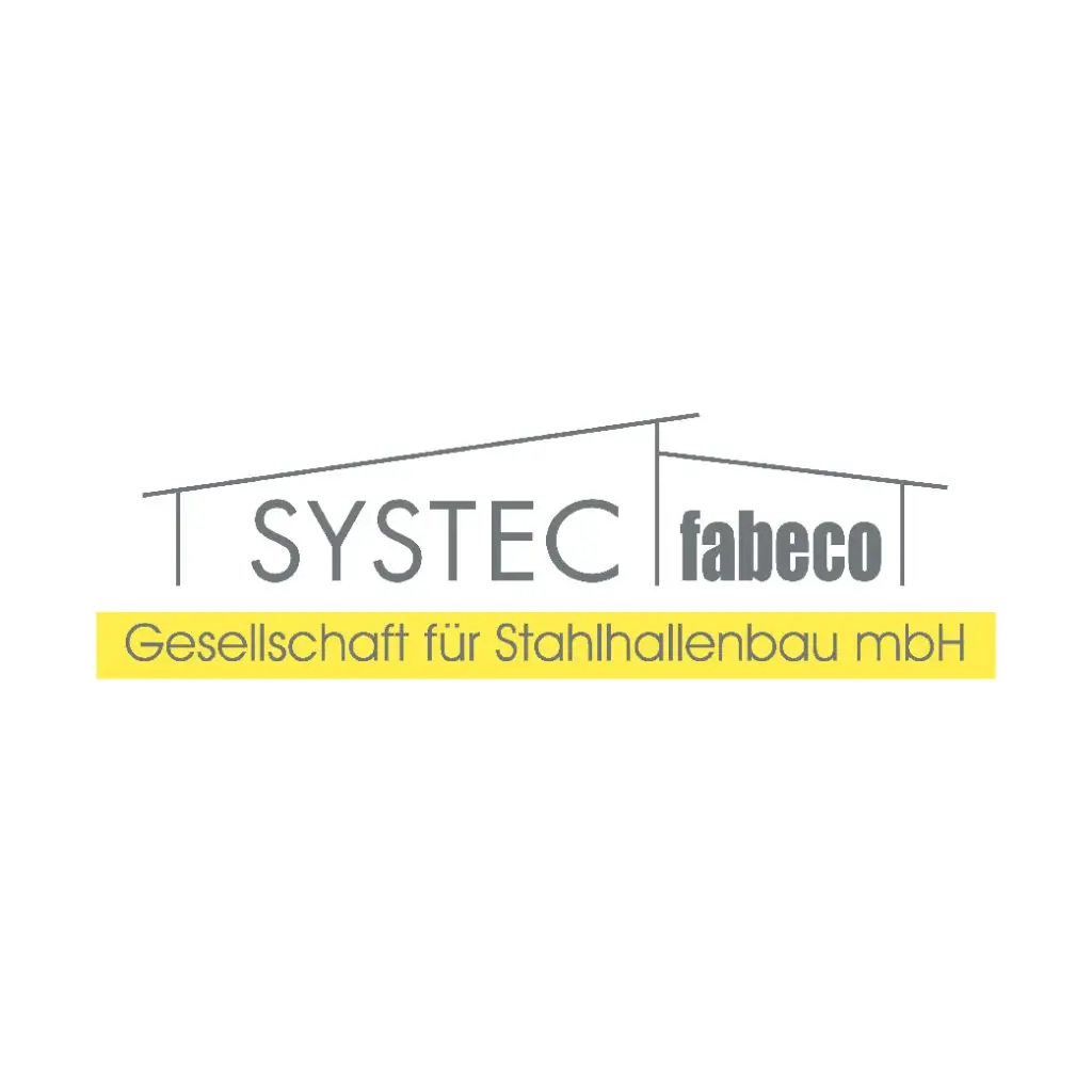 Logo der SYSTEC fabeco Gesellschaft für Stahlhallenbau mbH in grauer Schrift mit gelbem Hintergrund.