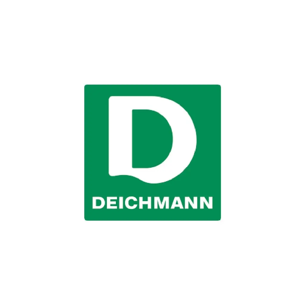 Logo von Deichmann mit grünem Hintergrund und weißem Buchstaben D.